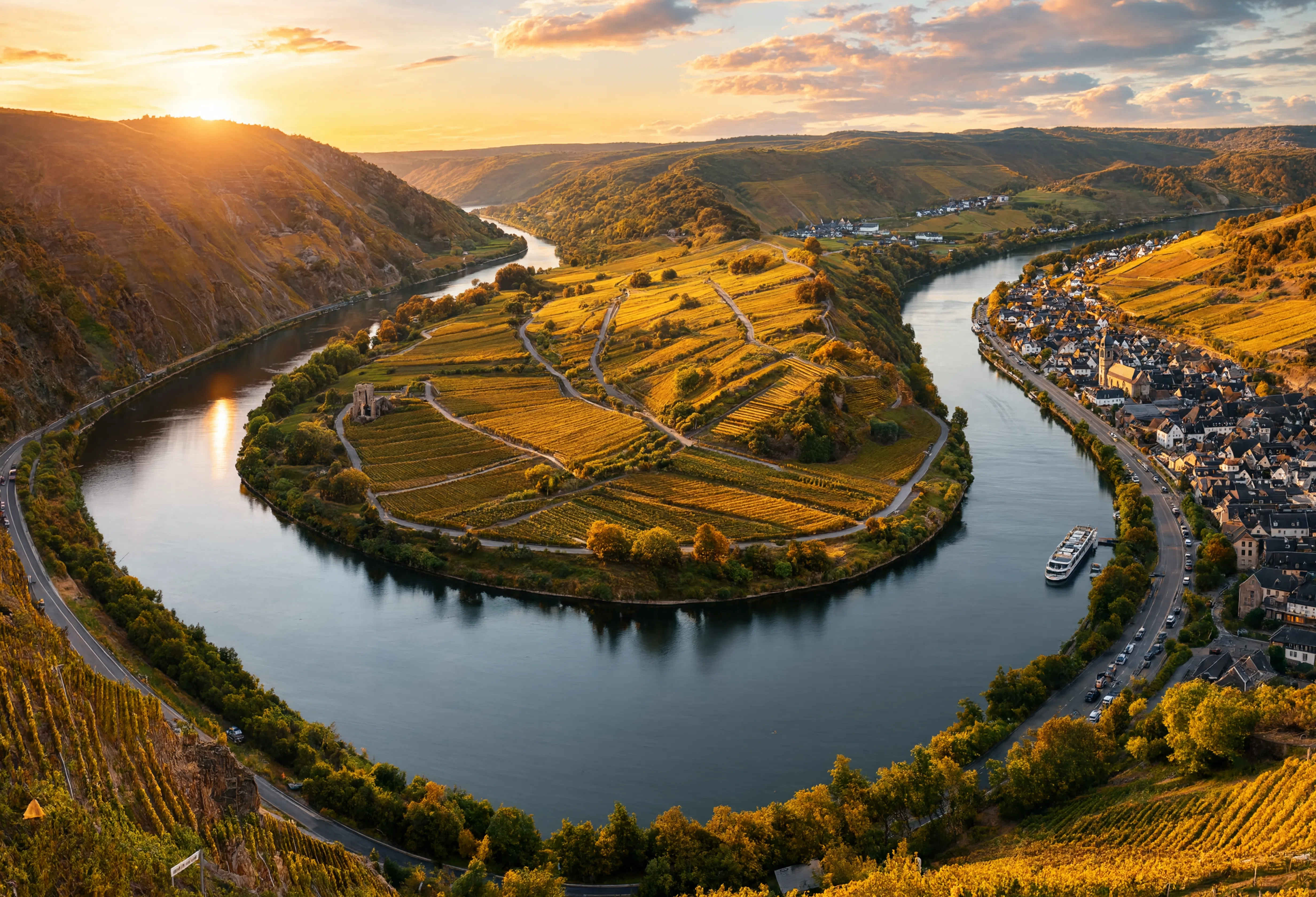 Moseltal mit goldenen Weinbergen in Herbstfarben, Flussbiegung und historische Orte