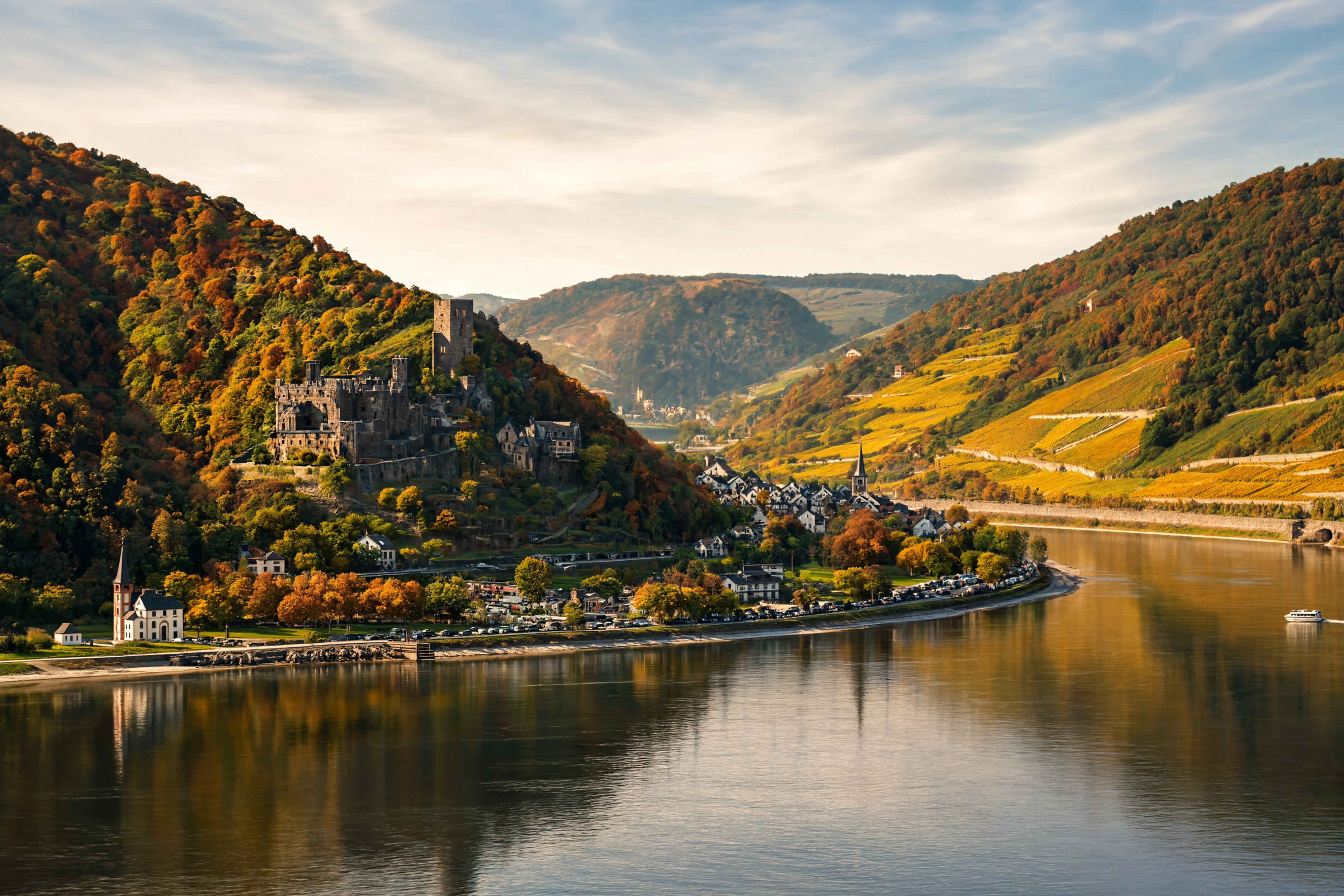 Rheintal mit Weinbergen, Burgen und dem spiegelnden Fluss bei Sonnenuntergang